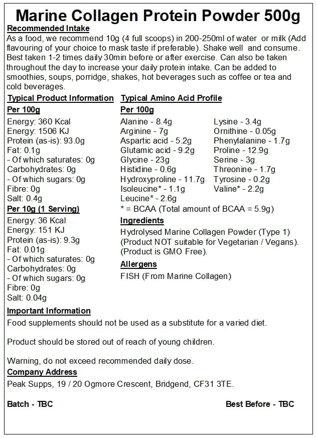 Marine/Fish Collagen Powder 500g - Type 1 Marine Collagen Hydrolysed Peptides - AB Mystery