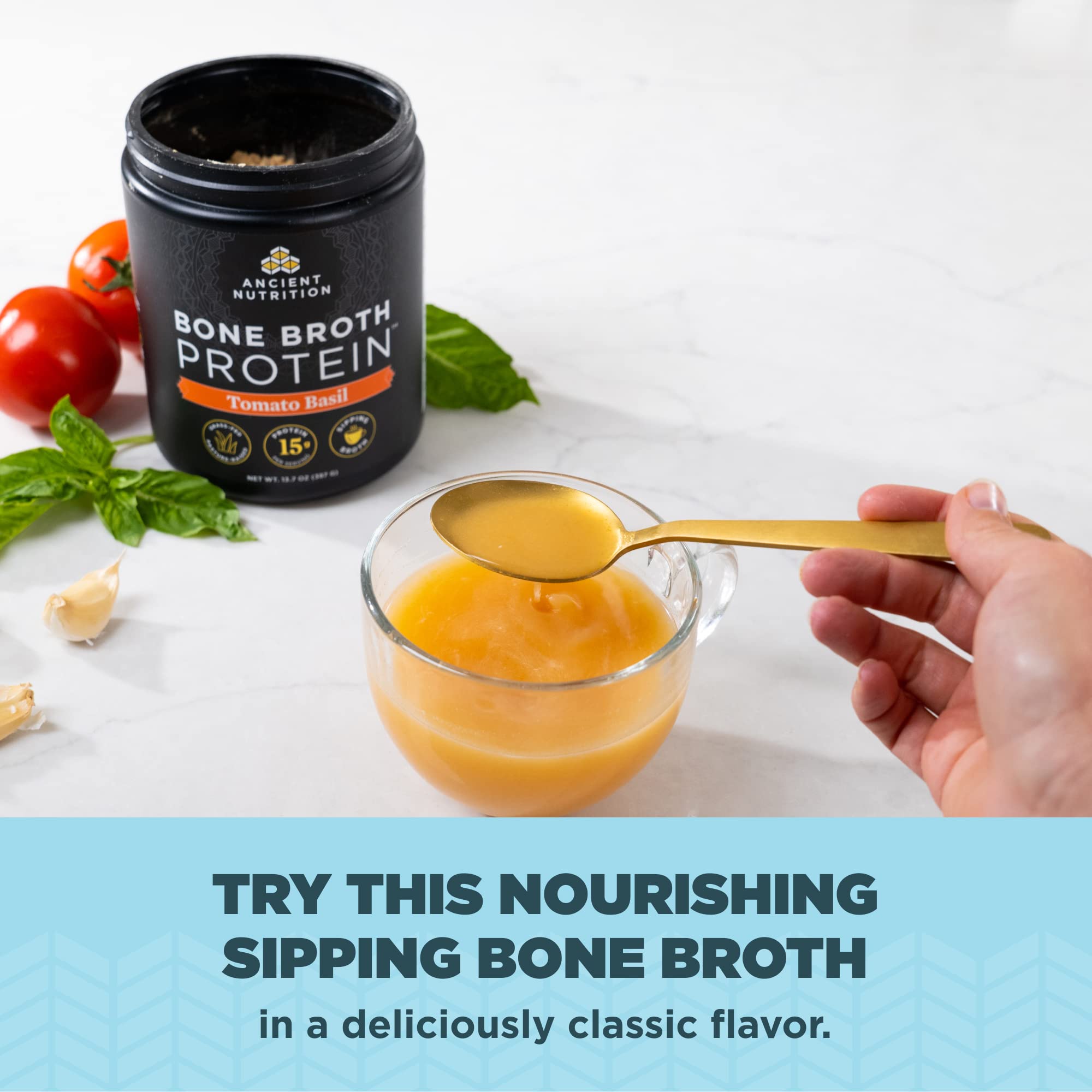 Ancient Nutrition Bone Broth Protein Powder, Tomato Basil, Grass-Fed Chicken and Beef - AB Mystery