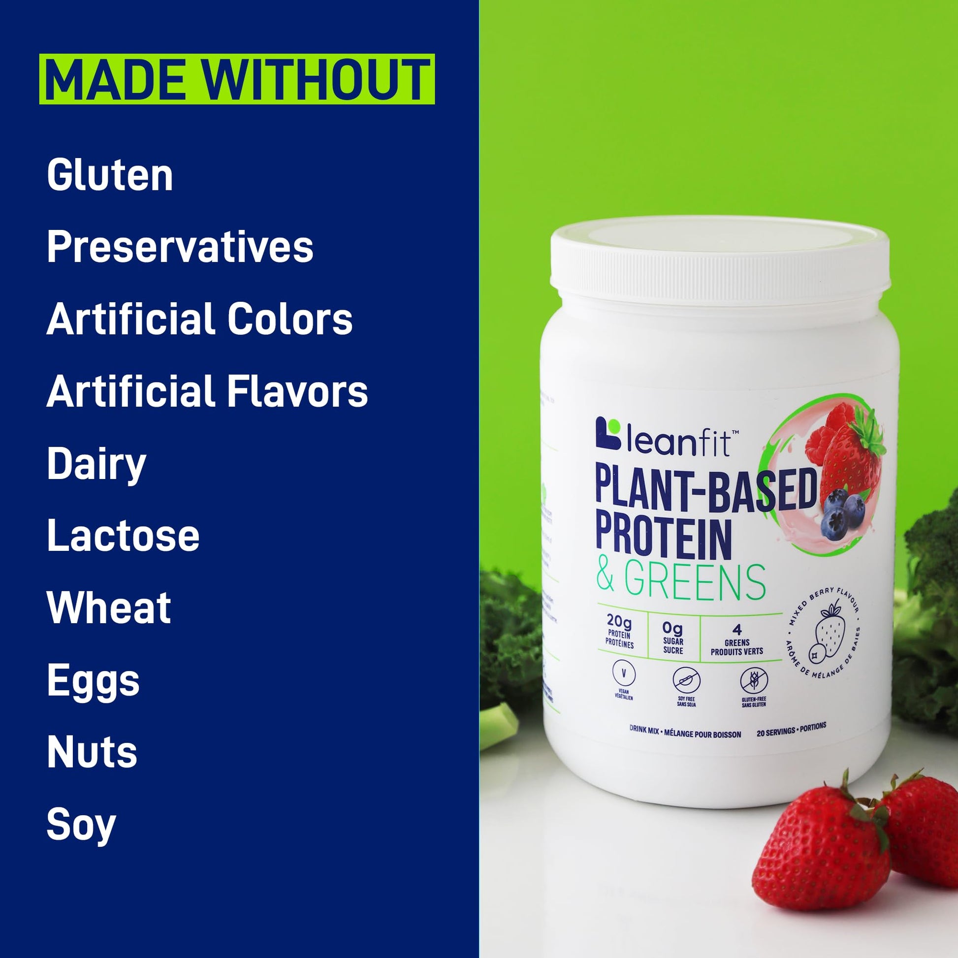 LeanFit Plant-Based Protein & Greens, Natural Berry, 20g Protein, 19 Servings, 1.25 Pound - AB Mystery