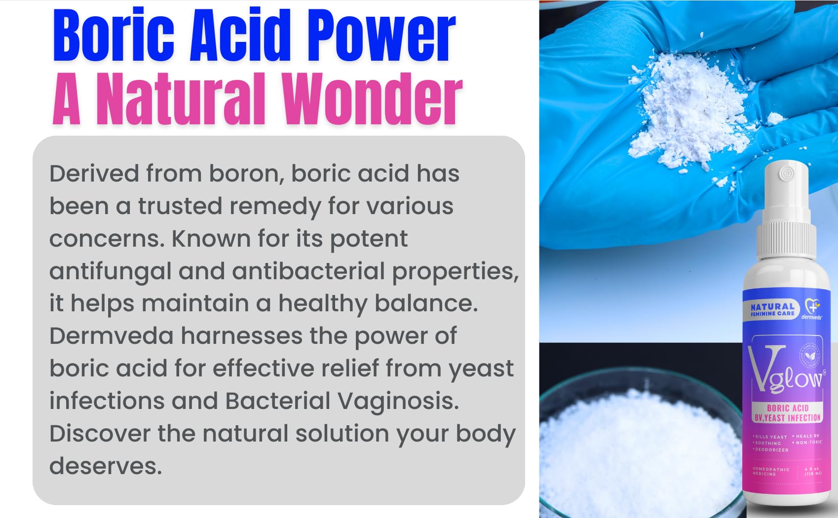 Dermveda Boric Acid BV Relief for Women - Natural Yeast Infection, Odor, Itch Relief Solution - AB Mystery
