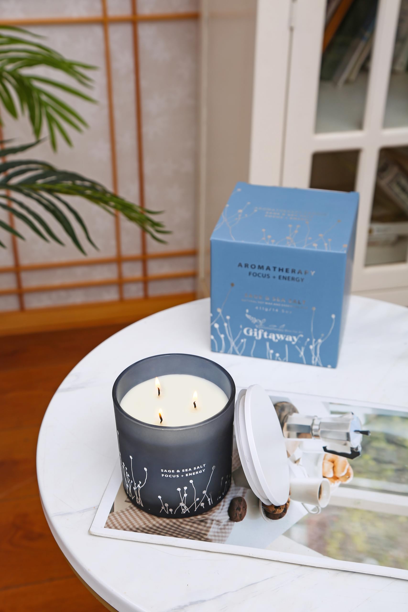 White Sage Sea Salt 3 Wick Candle 14.5 oz | Sage Candles for Cleansing House | Large Soy Candles - AB Mystery