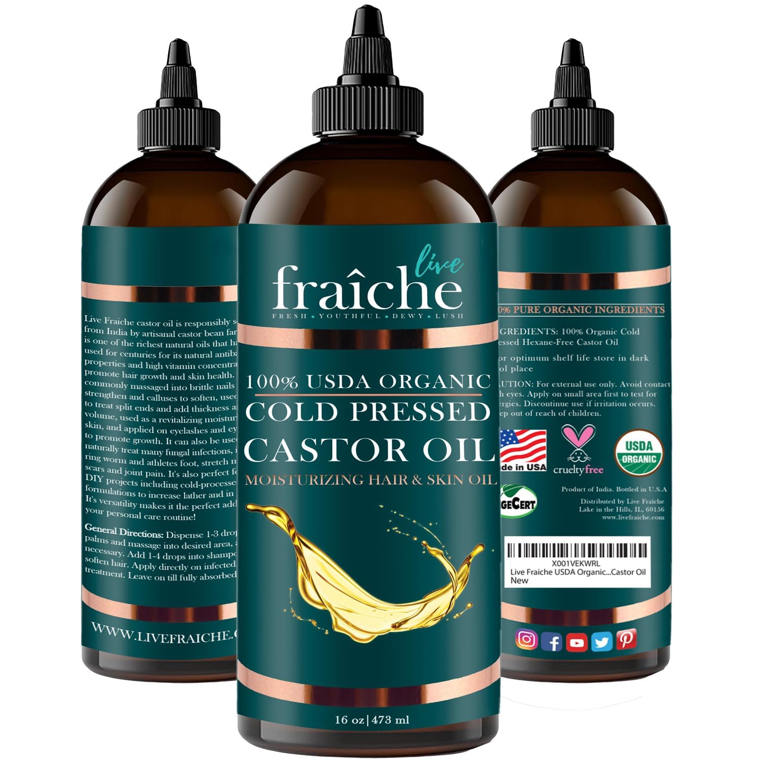 Live Fraiche USDA Organic Cold Pressed Castor Oil (16oz), 100% Pure, Hexane-Free Castor Oil