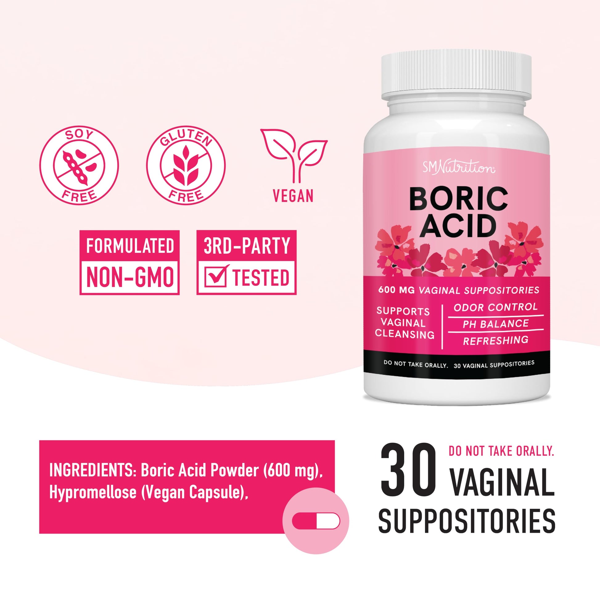 Boric Acid Suppositories for Women | 600mg | for pH Balance, Vaginal Odor & Itching | Feminine Hygiene - AB Mystery