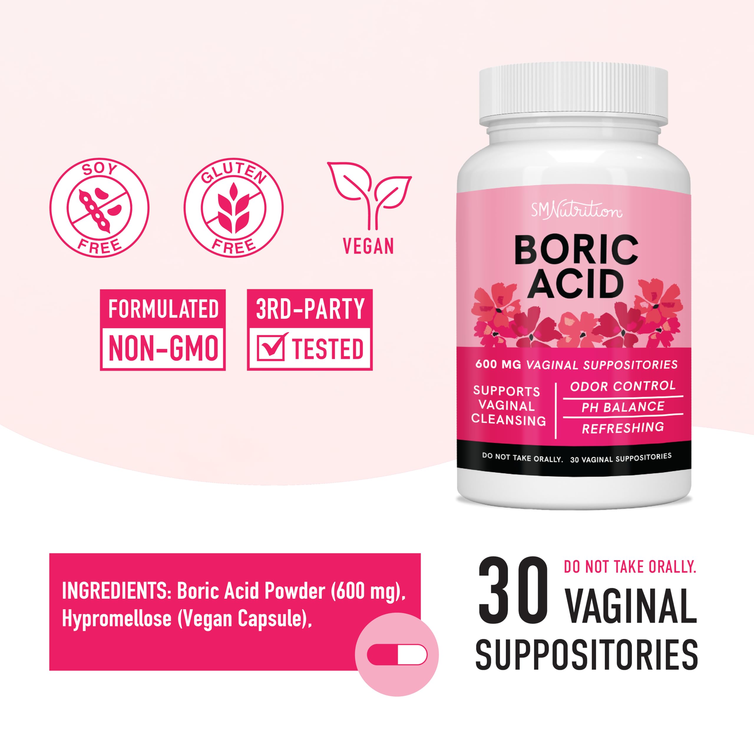 Boric Acid Suppositories for Women | 600mg | for pH Balance, Vaginal Odor & Itching | Feminine Hygiene - AB Mystery