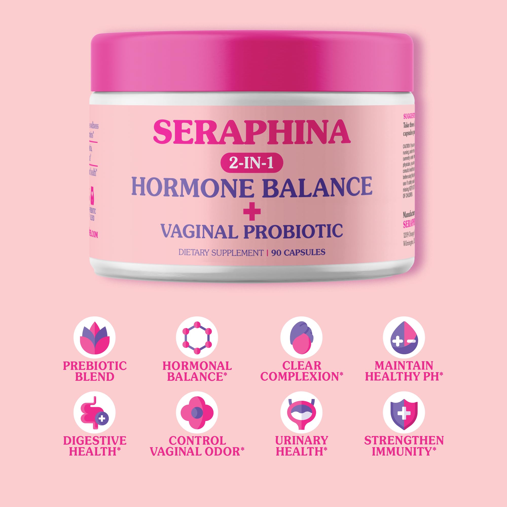 Seraphina 2-in-1 Vaginal Probiotics for Women + Hormone Balance - 90 Capsules for Complete Feminine - AB Mystery