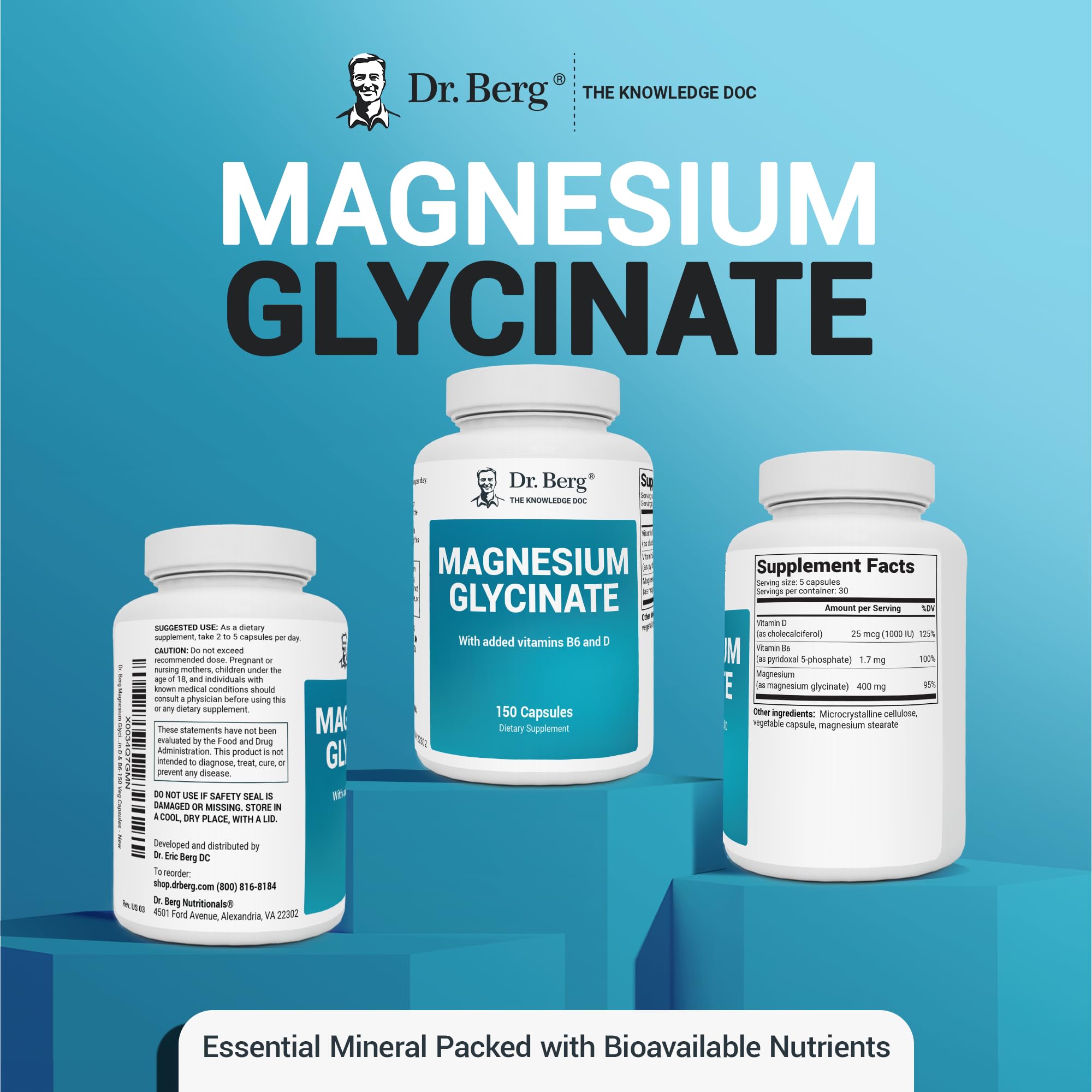 Dr. Berg's Magnesium Glycinate 400mg - Fully Chelated Veg Capsules for Stress - AB Mystery