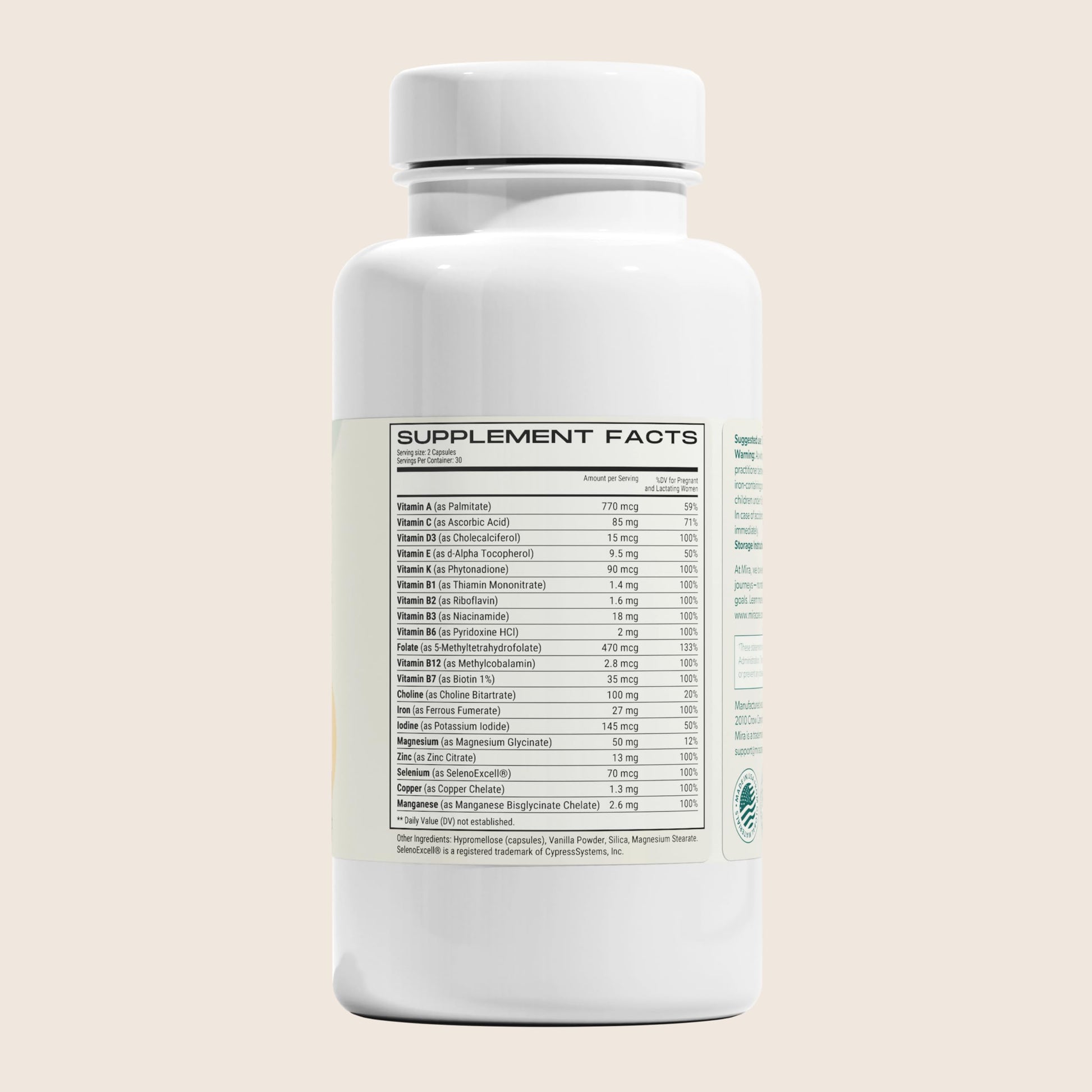 MIRA Prenatal Multi-Vitamins for Women, Folate (Folic Acid) & Choline, Supplement for Before, During MIRA