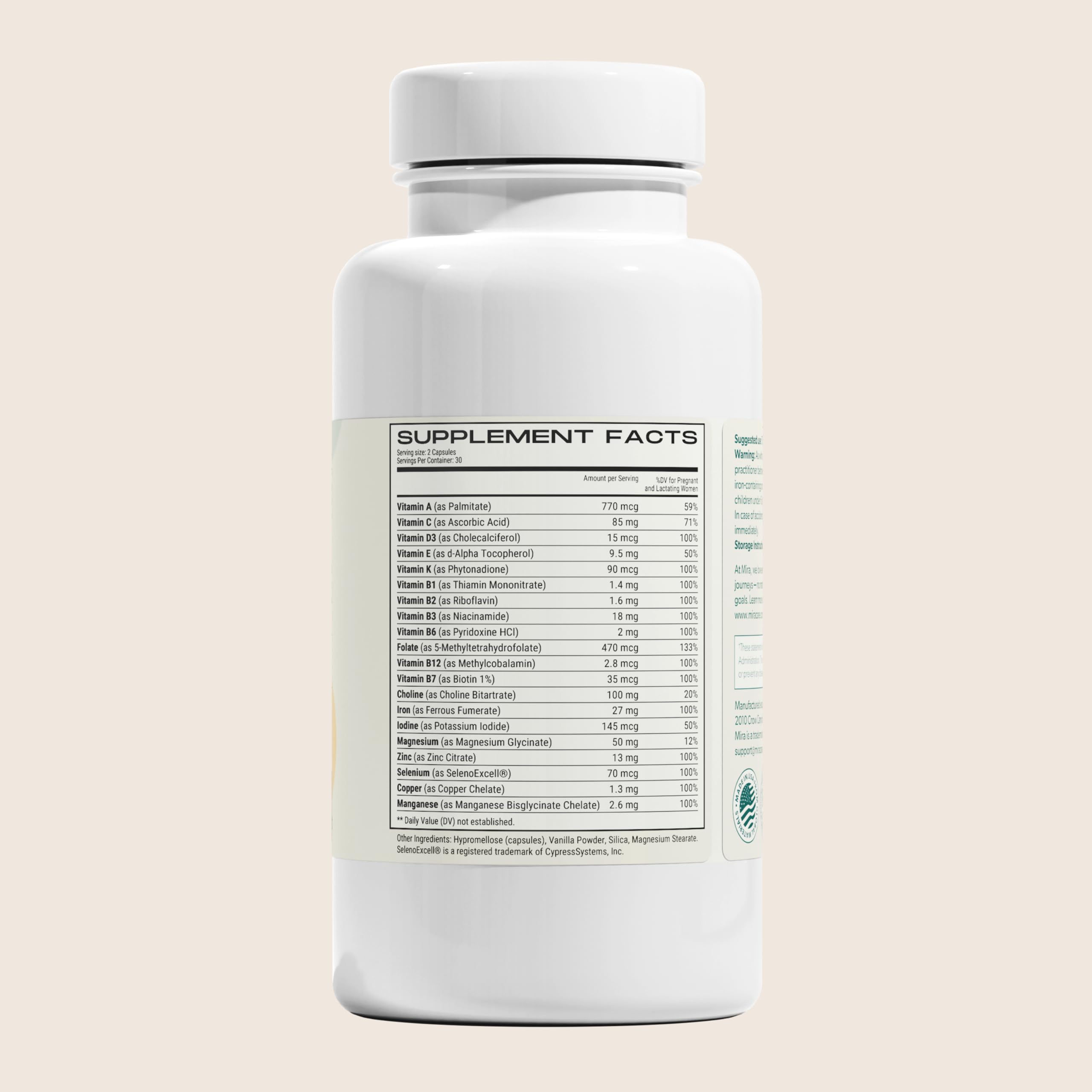 MIRA Prenatal Multi-Vitamins for Women, Folate (Folic Acid) & Choline, Supplement for Before, During MIRA