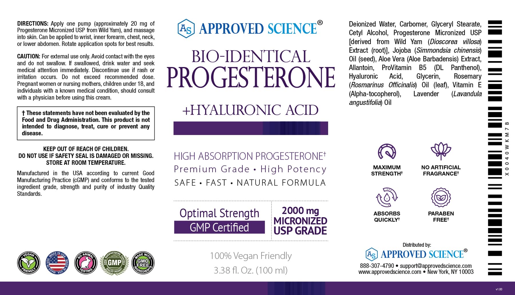 Approved Science Progesterone Cream - Bio-Identical, USP Grade - 20mg Serving - With Hyaluronic Acid - AB Mystery