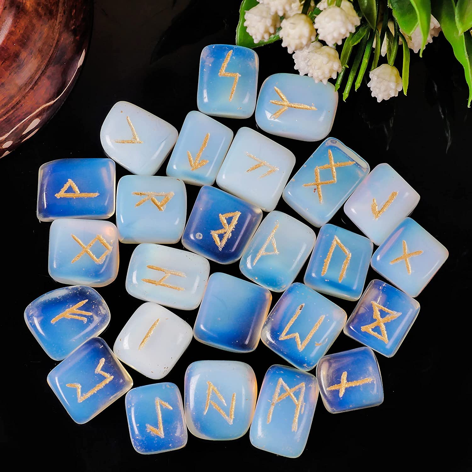 Opalite Rune Stone - Rune Set - Engraved Elder Futhark Alphabet Symbols - Witchcraft Crystals - AB Mystery