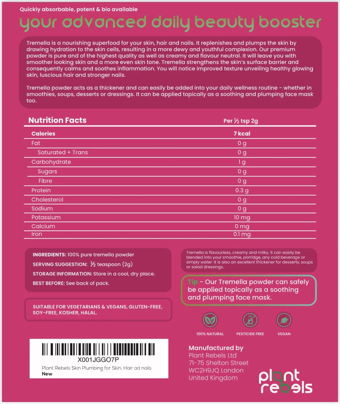 Plant Rebels Pure Tremella Mushroom Extract Powder | Vegan Collagen | Anti Aging - AB Mystery