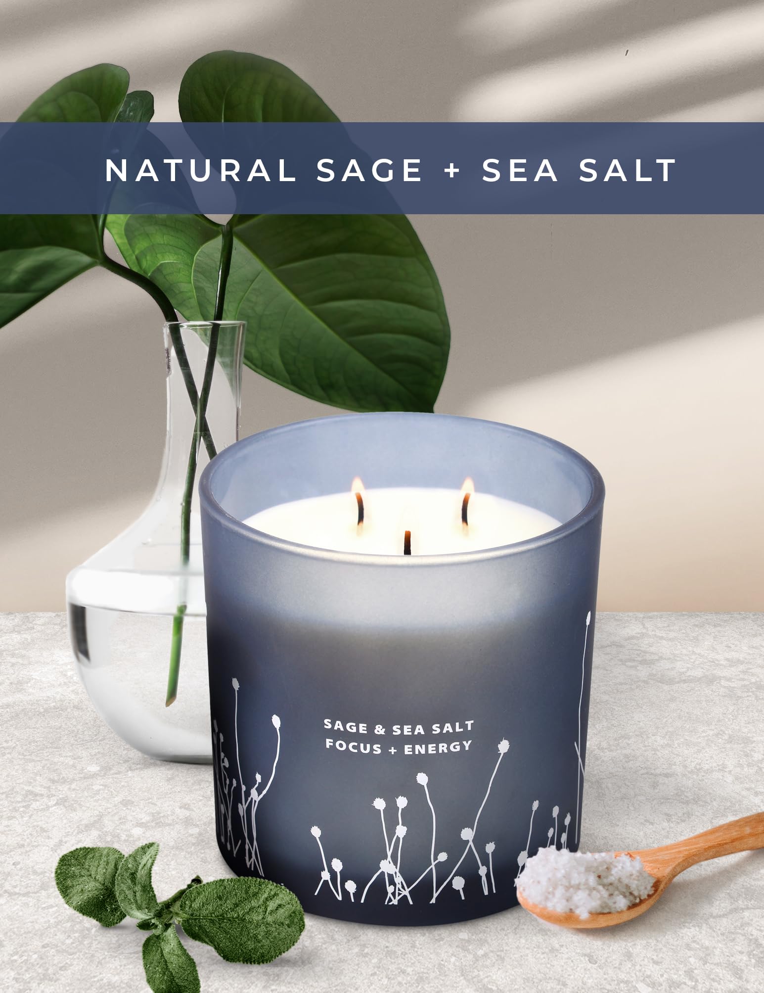 White Sage Sea Salt 3 Wick Candle 14.5 oz | Sage Candles for Cleansing House | Large Soy Candles - AB Mystery