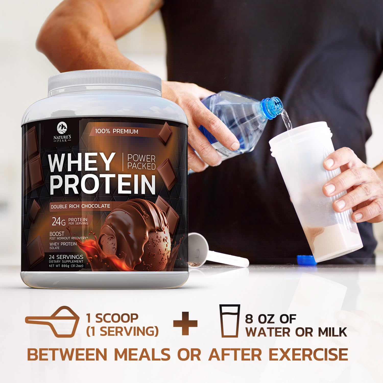 Nature's Premium 100% Whey Protein Powder, 24g of Protein, Double Rich Chocolate - AB Mystery