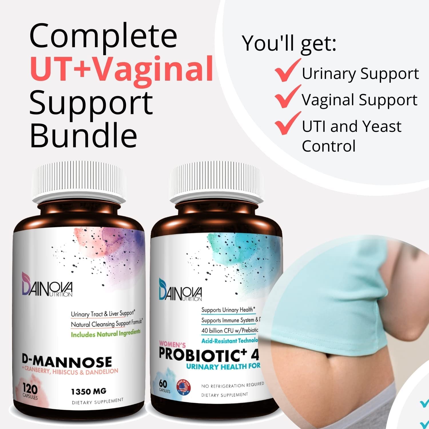 Dainova Nutrition D Mannose Capsules and Probiotics for Women Bundle I Urinary Tract - AB Mystery