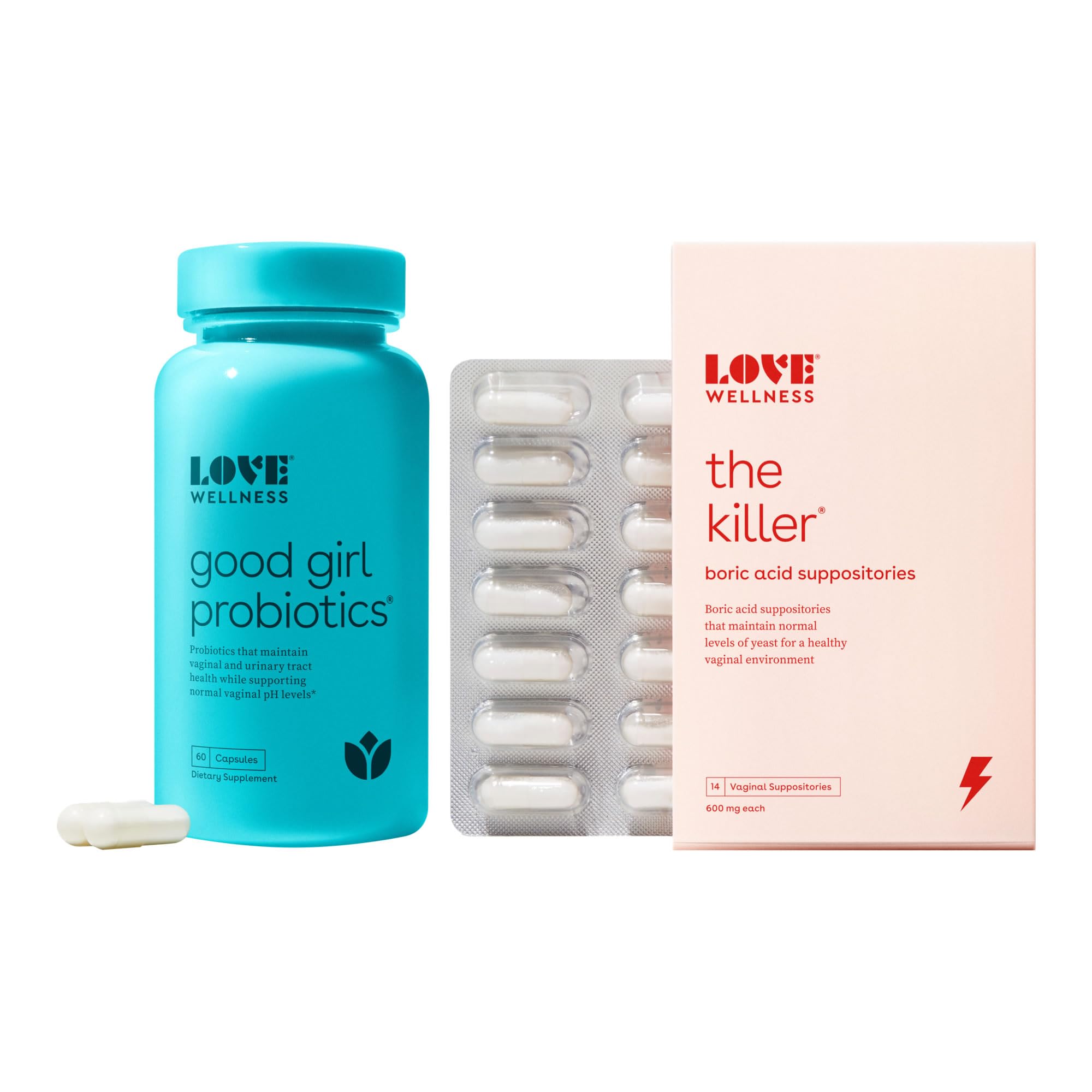 Love Wellness Good Girl Probiotics & The Killer | Vaginal pH Balance Supplement & Boric Acid Suppositories