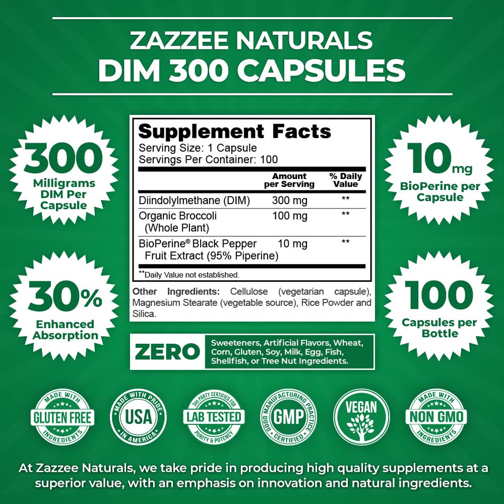 Zazzee Extra Strength DIM 300, 10 mg BioPerine and 300 mg DIM per Capsule, 100 Vegan - AB Mystery