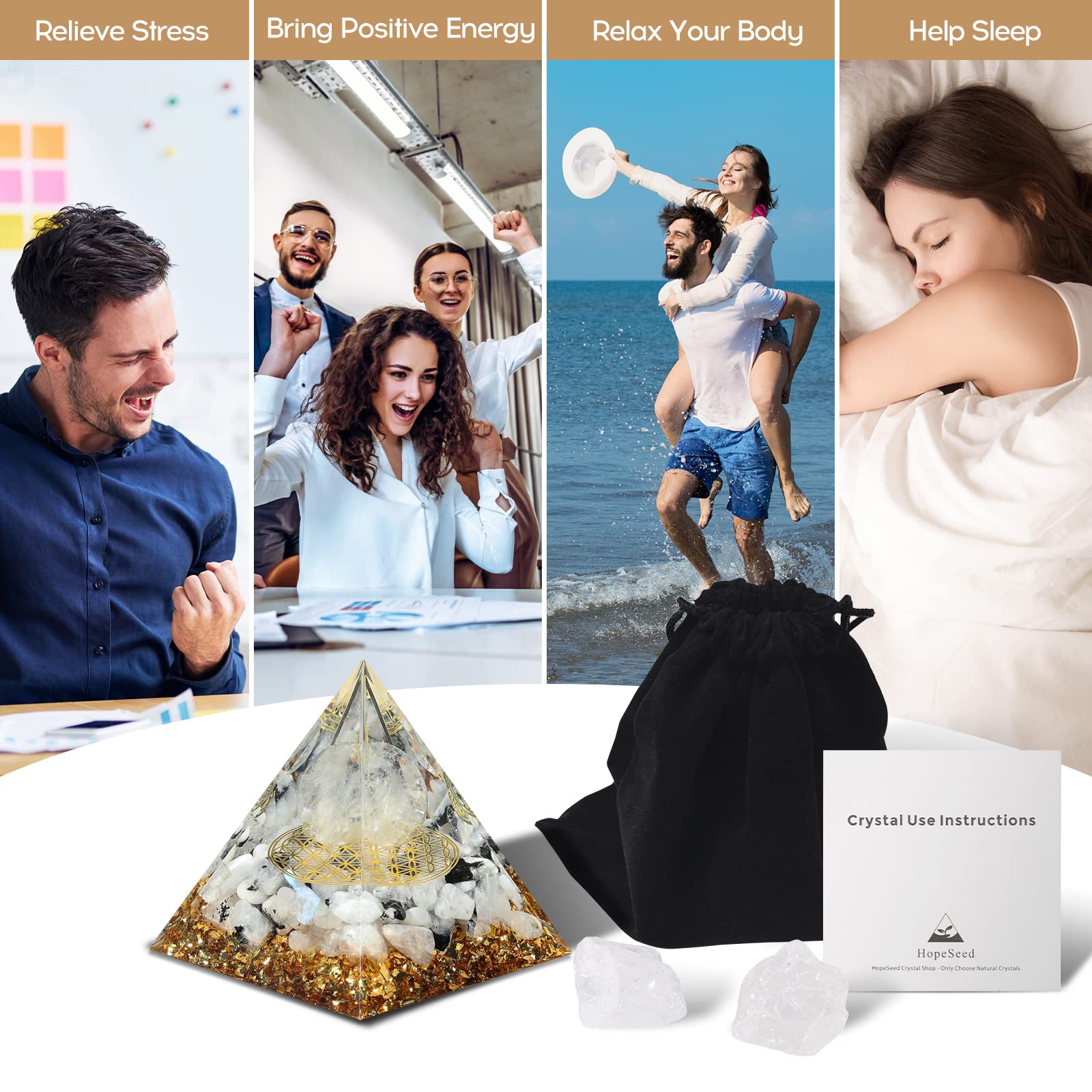 Hopeseed Orgone Pyramid for Positive Energy, Orgonite Rainbow Moonstone&White Crystal - AB Mystery