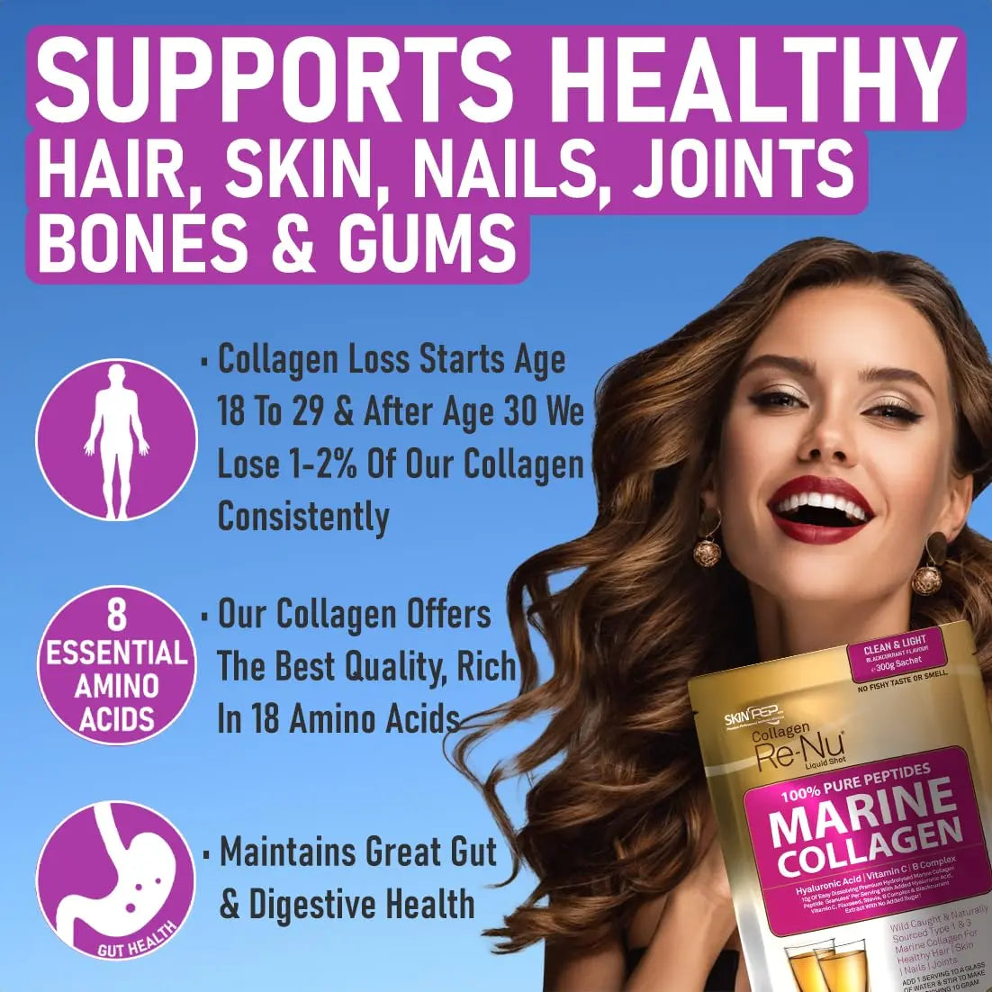 Premium Hydrolysed Marine Collagen Peptide Powder + VIT C, B Complex Hyaluronic Acid, & Stevia. Delicious Taste/No Fishy Smell - SkinPep® Collagen Re-Nu 300g - 30 Days Supply - AB Mystery