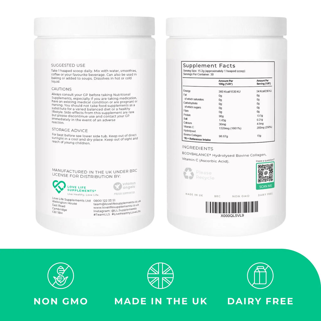 BODYBALANCE® Collagen Powder by LLS - Hydrolysed Bovine Collagen Peptides Types 1 & 3 with Vitamin C - Joint, Ligament - AB Mystery