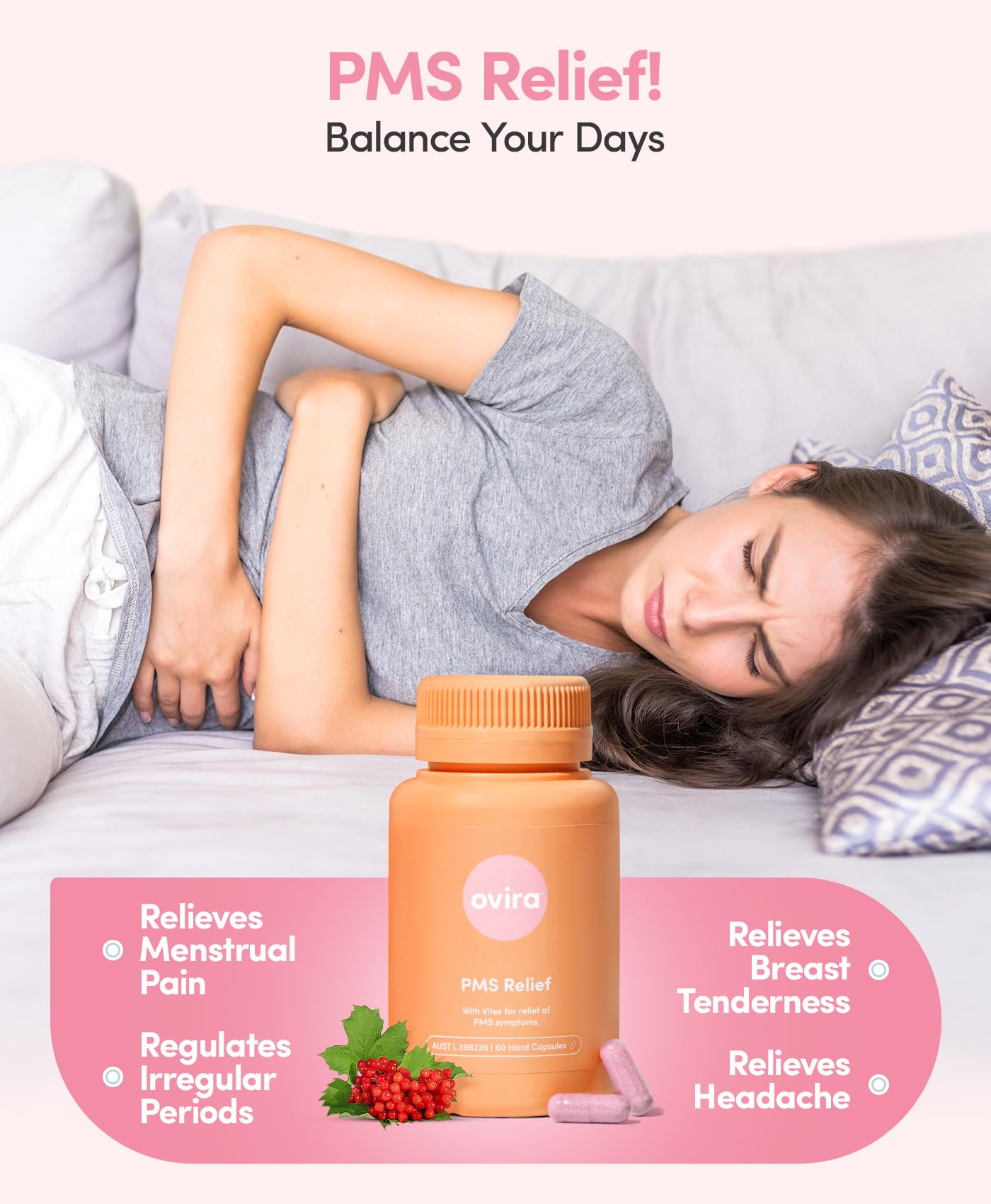 Ovira PMS Supplement for Women | Vitex Berry Extract for Period Cramps, Mood Support and Breast Tenderness - AB Mystery