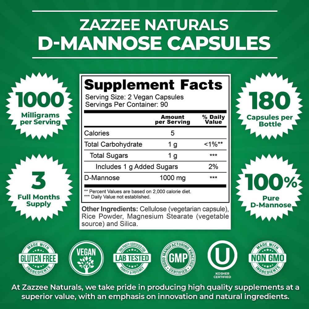 Zazzee D-Mannose, 1000 mg per Serving, 180 Vegan Capsules, 3 Month Supply, Potent - AB Mystery