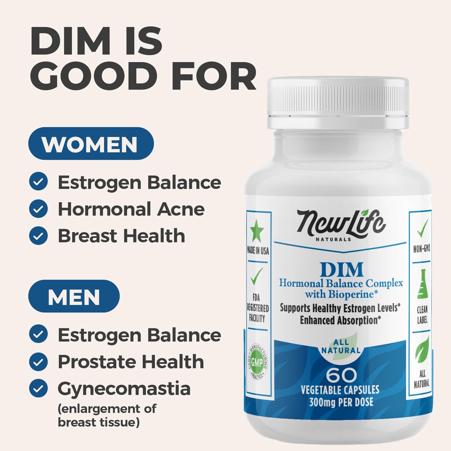 NewLife Naturals DIM Supplement 300mg for Women & Men - Hormonal Acne, Estrogen Balance Pills - AB Mystery