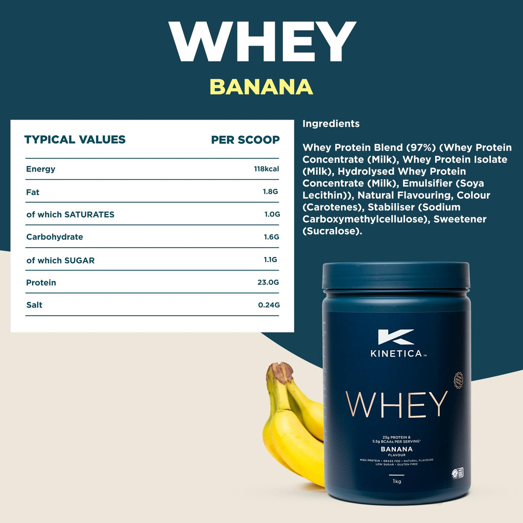 Kinetica Banana Whey Protein Powder | 2.27kg | 23g Protein per Serving | 76 Servings Kinetica