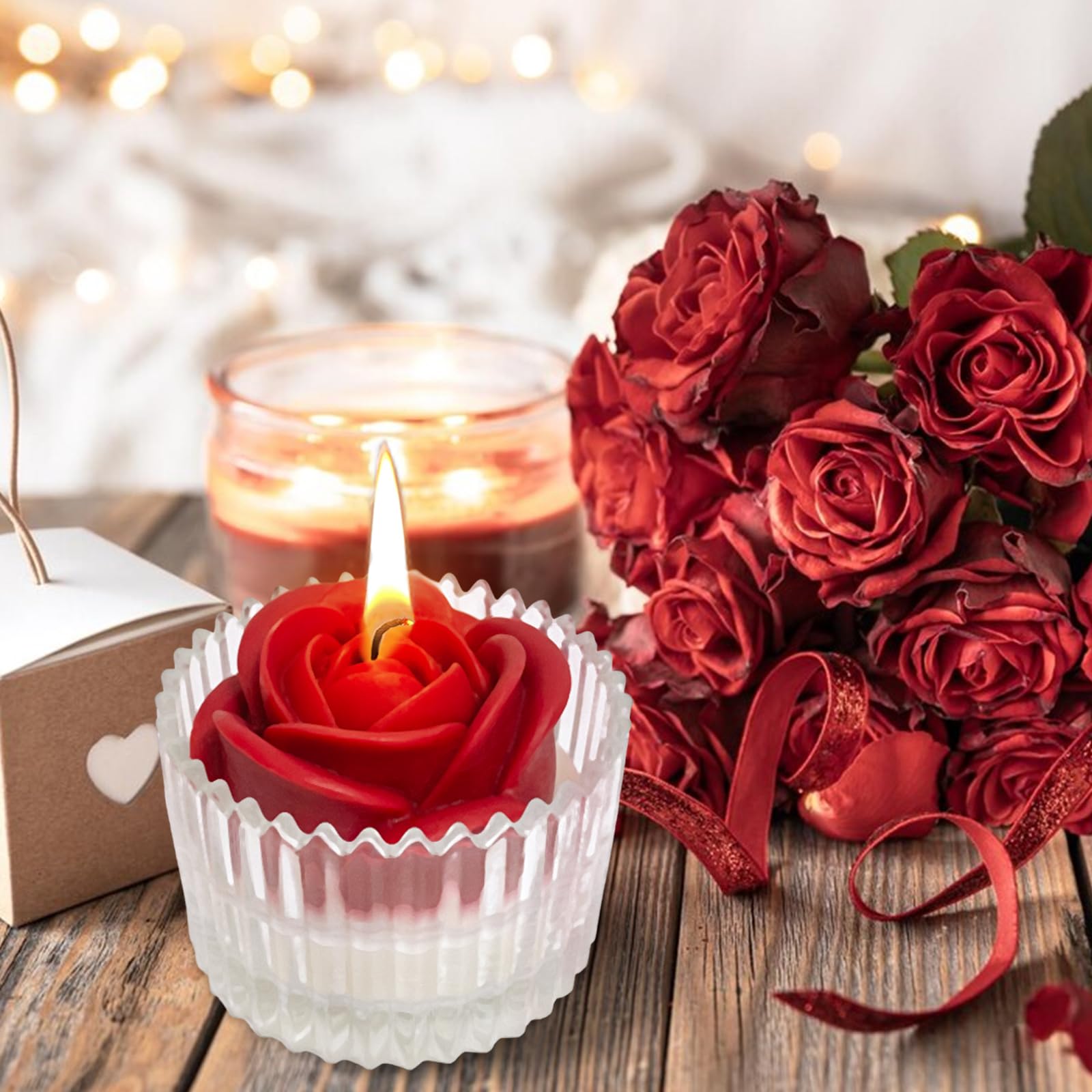 Red Rose Candle in Rippled Glass Jar for Valentine's Day Gifts, English Pear& Freesia Scented Candles - AB Mystery