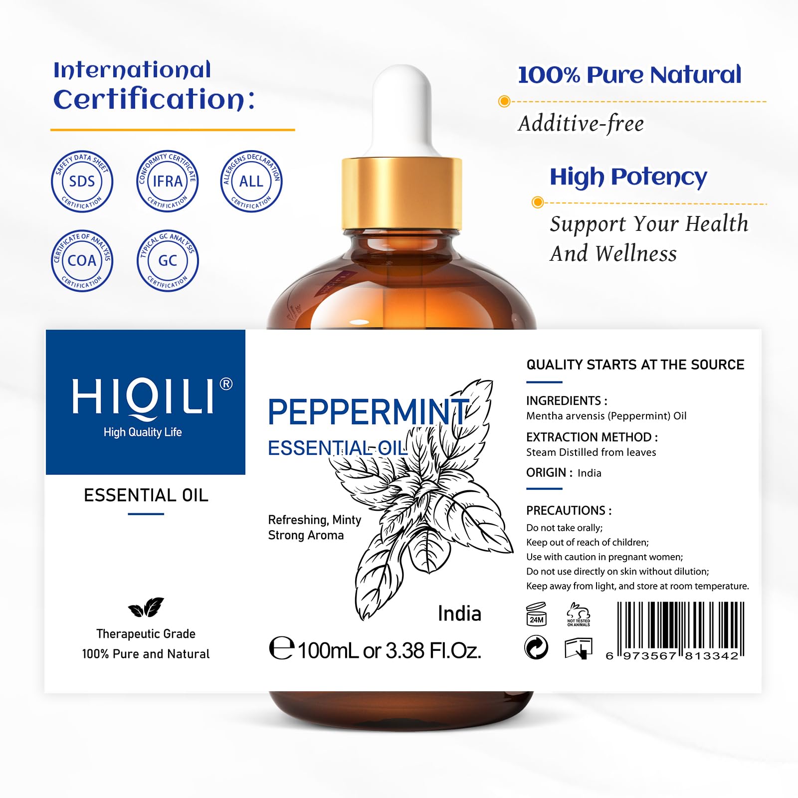 HIQILI Peppermint Essential Oil, 100% Pure Natural for Diffuser, Hair, Massage, Add to Spray - AB Mystery