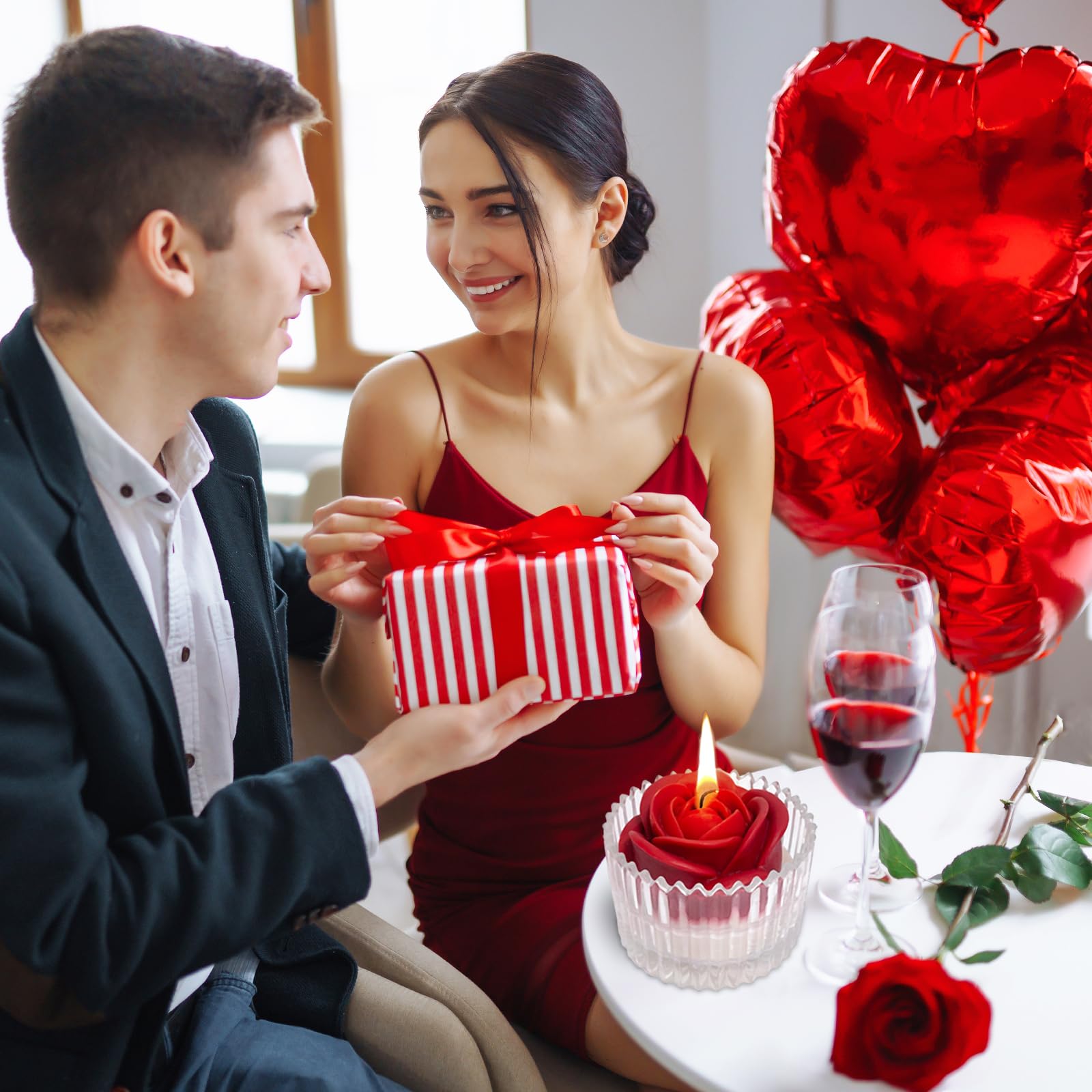 Red Rose Candle in Rippled Glass Jar for Valentine's Day Gifts, English Pear& Freesia Scented Candles - AB Mystery