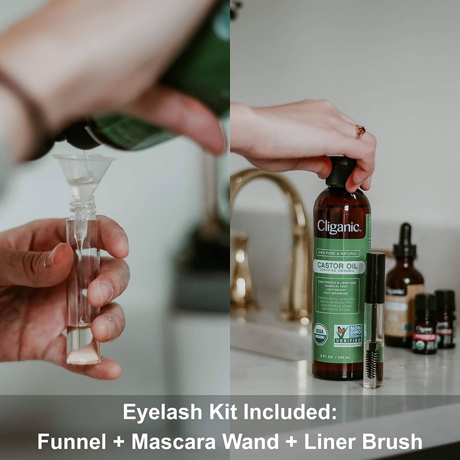 Cliganic USDA Organic Castor Oil, 100% Pure (8oz with Eyelash Kit) - For Eyelashes, Eyebrows, Hair & Skin - AB Mystery