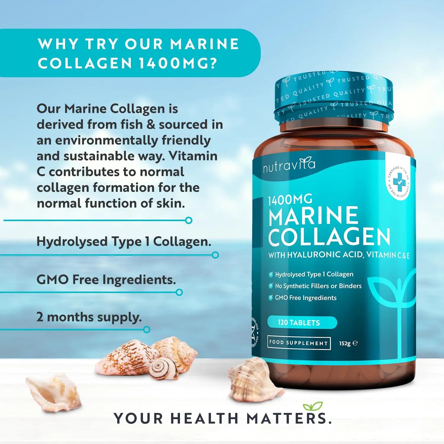 Marine Collagen Tablets 1400mg Enhanced with Hyaluronic Acid - Hydrolysed Supplements for Women and Men Nutravita