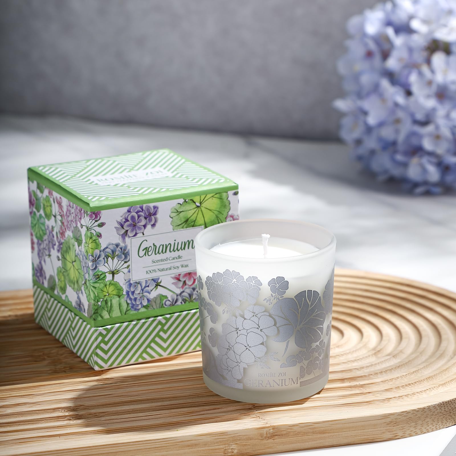 ROMIIE ZOI Scented Candle - Geranium - 6oz Aromatherapy Soy Wax Jar Candle for Home, Gifts for Women - AB Mystery