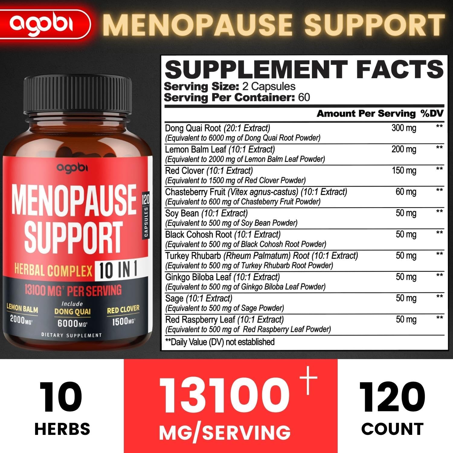 agobi Menopause Support for Women Health 13100 Mg - 10in1 with Dong Quai, Lemon Balm - AB Mystery