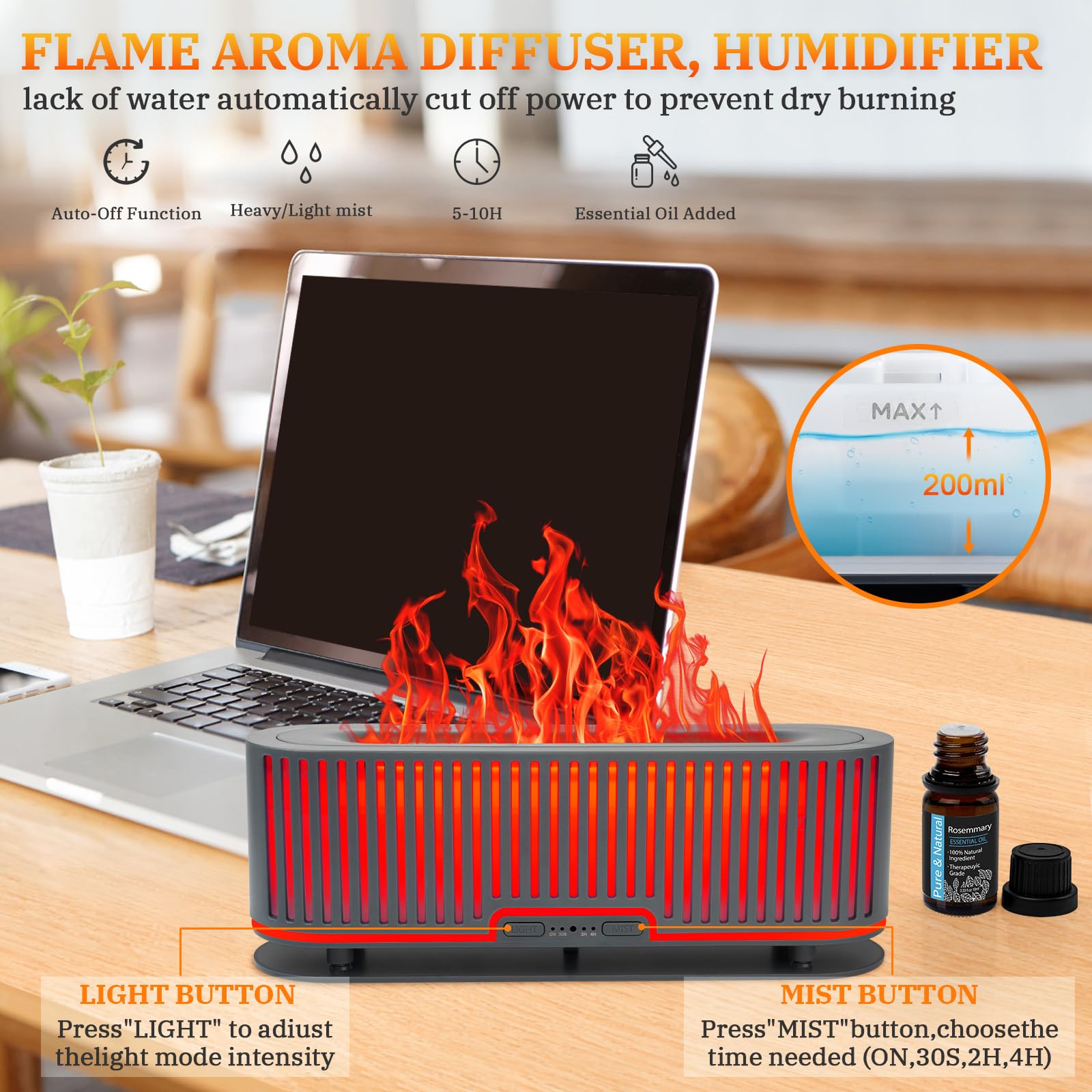 Comfynest Colorful Flame Fire Fireplace Diffuser with 6 Essential Oils Set, Ultrasonic 200ml Essential Oil - AB Mystery