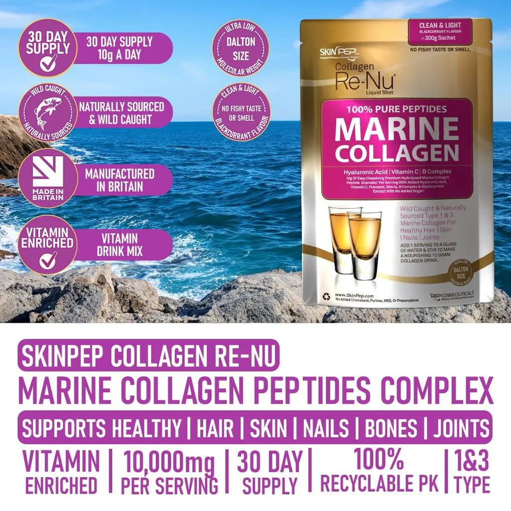 Premium Hydrolysed Marine Collagen Peptide Powder + VIT C, B Complex Hyaluronic Acid, & Stevia. Delicious Taste/No Fishy Smell - SkinPep® Collagen Re-Nu 300g - 30 Days Supply - AB Mystery