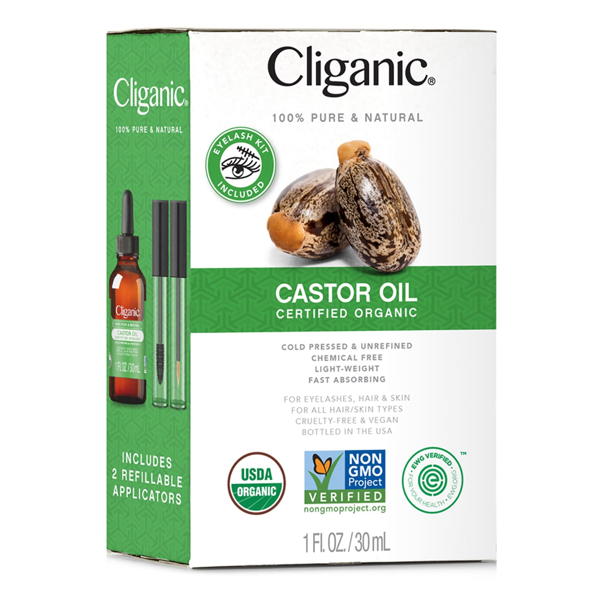 Cliganic Organic Castor Oil, 100% Pure (1oz with Eyelash Kit) - For Eyelashes, Eyebrows, Hair & Skin - AB Mystery