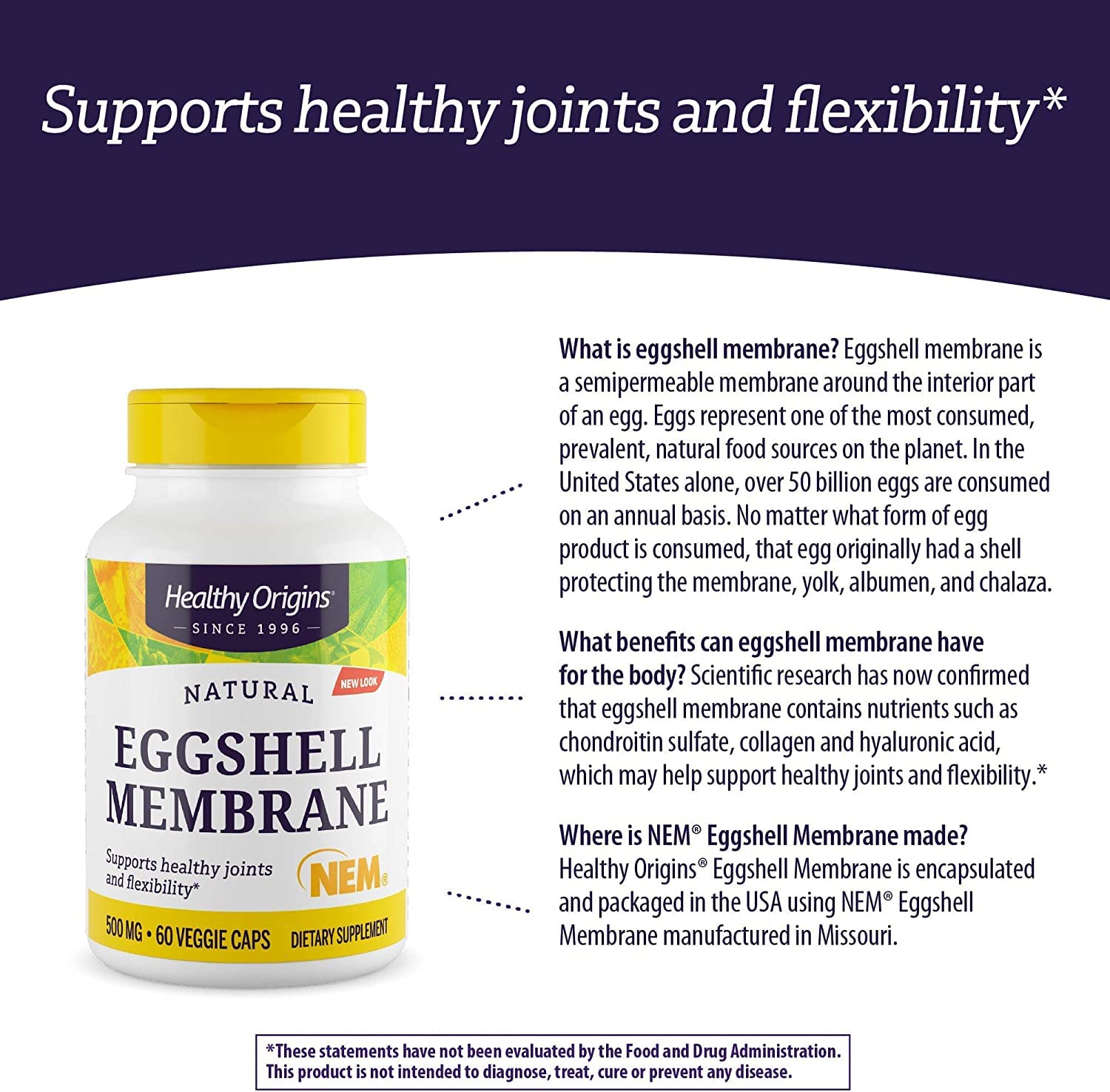Healthy Origins Eggshell Membrane (NEM), 500 mg - Natural Collagen and Joint Support - AB Mystery