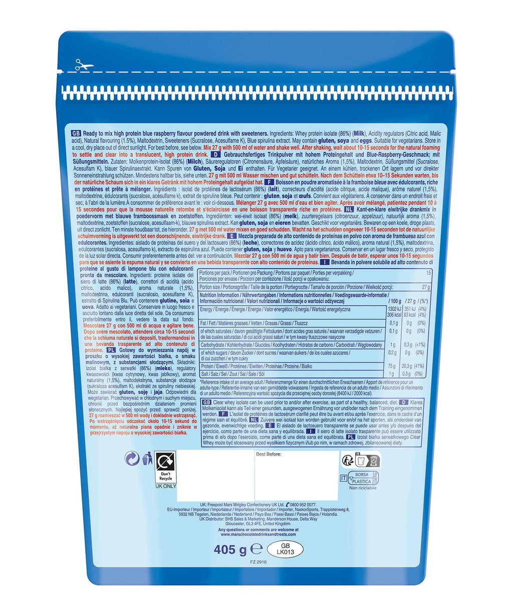 Hubba Bubba Blue Raspberry Clear Whey Isolate, Protein Powder Drink, 405g Pouch Hubba Bubba