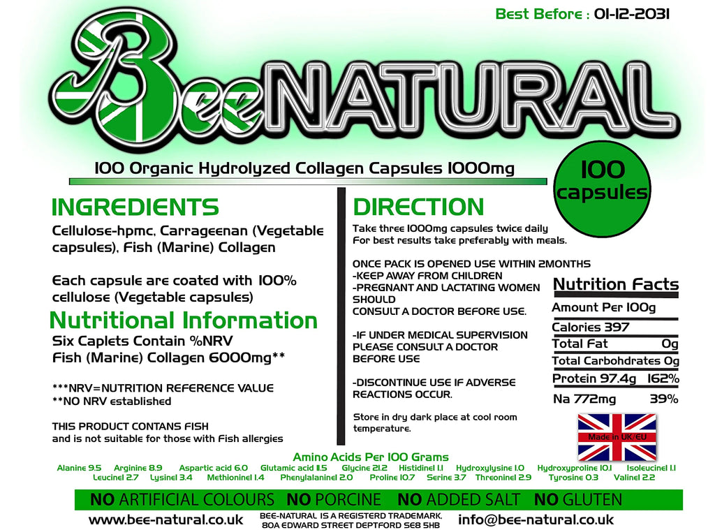 100 Hydrolyzed Collagen Capsules 1000mg Bee-natural Bee-natural