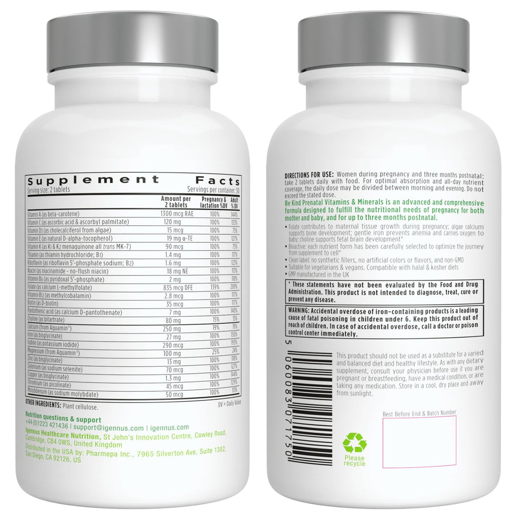 High Absorption Methylated Prenatal Multivitamin, Clean Label with Gentle Iron and Folic Acid Igennus Healthcare Nutrition
