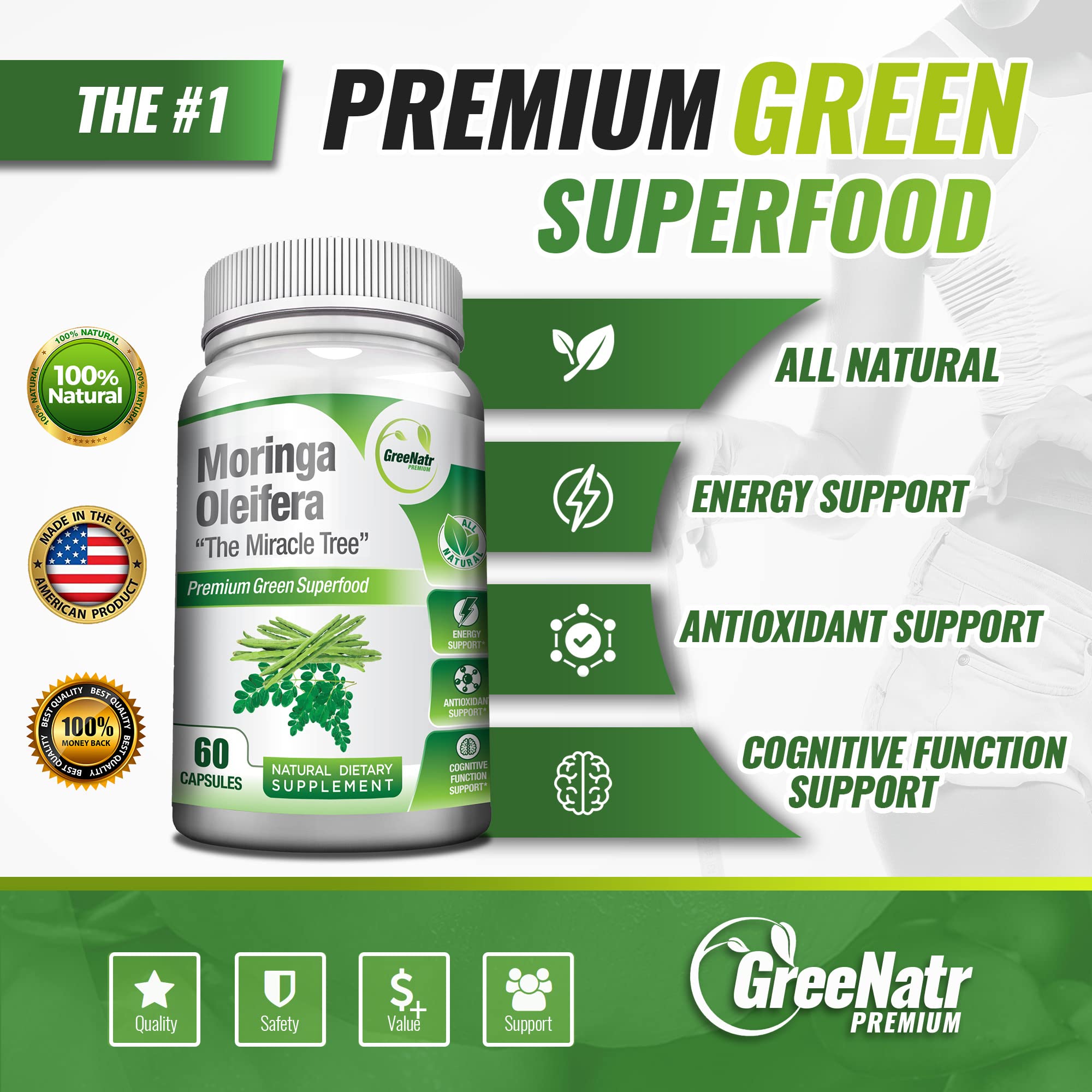 GreeNatr Pure Moringa Oleifera for Mood Enhancement Plus Menopause Support Complex for Hot Flashes - AB Mystery