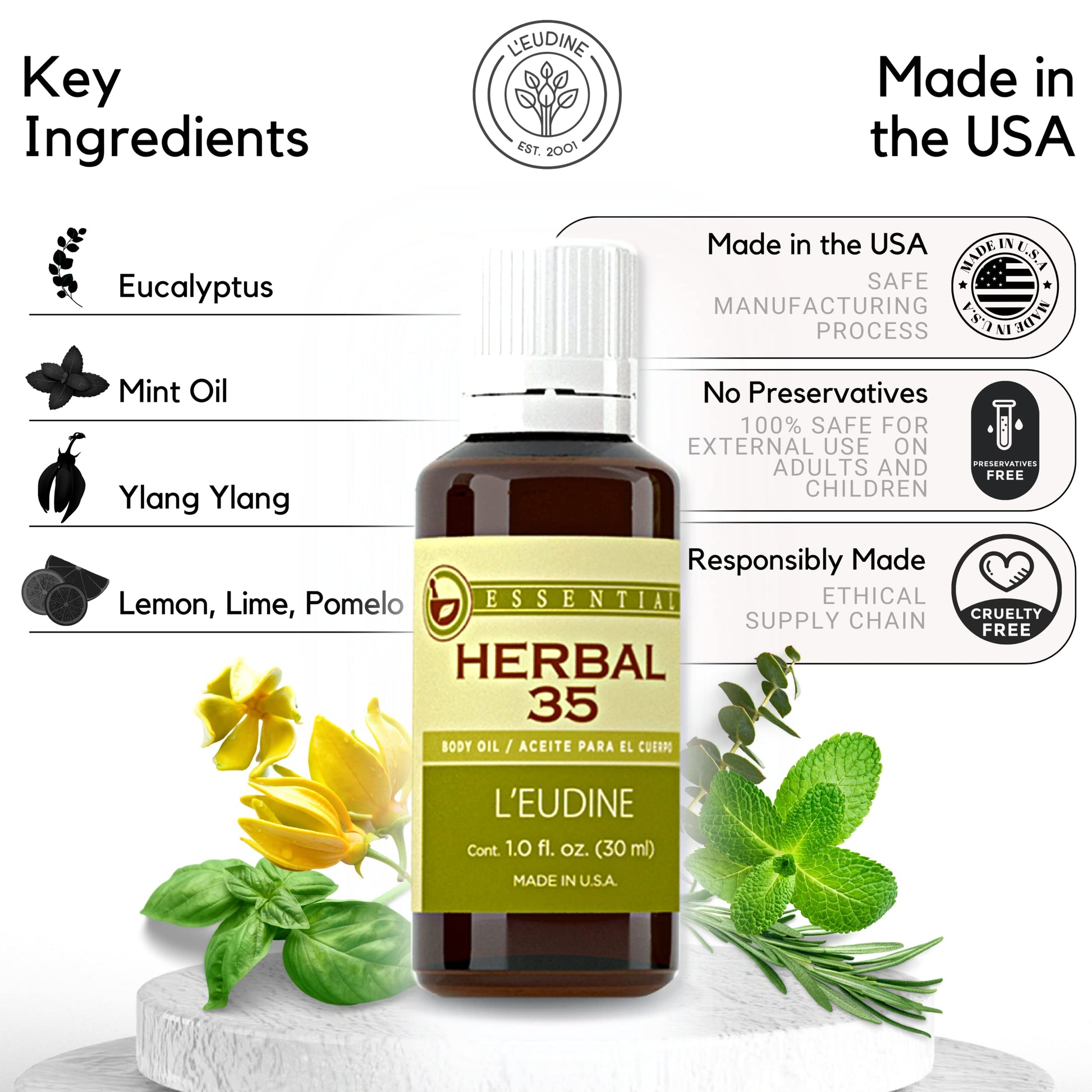 L'eudine Herbal 35 Essential Oil, Soothing and Calming Eucalyptus Essential Oil, Powerful Blend - AB Mystery