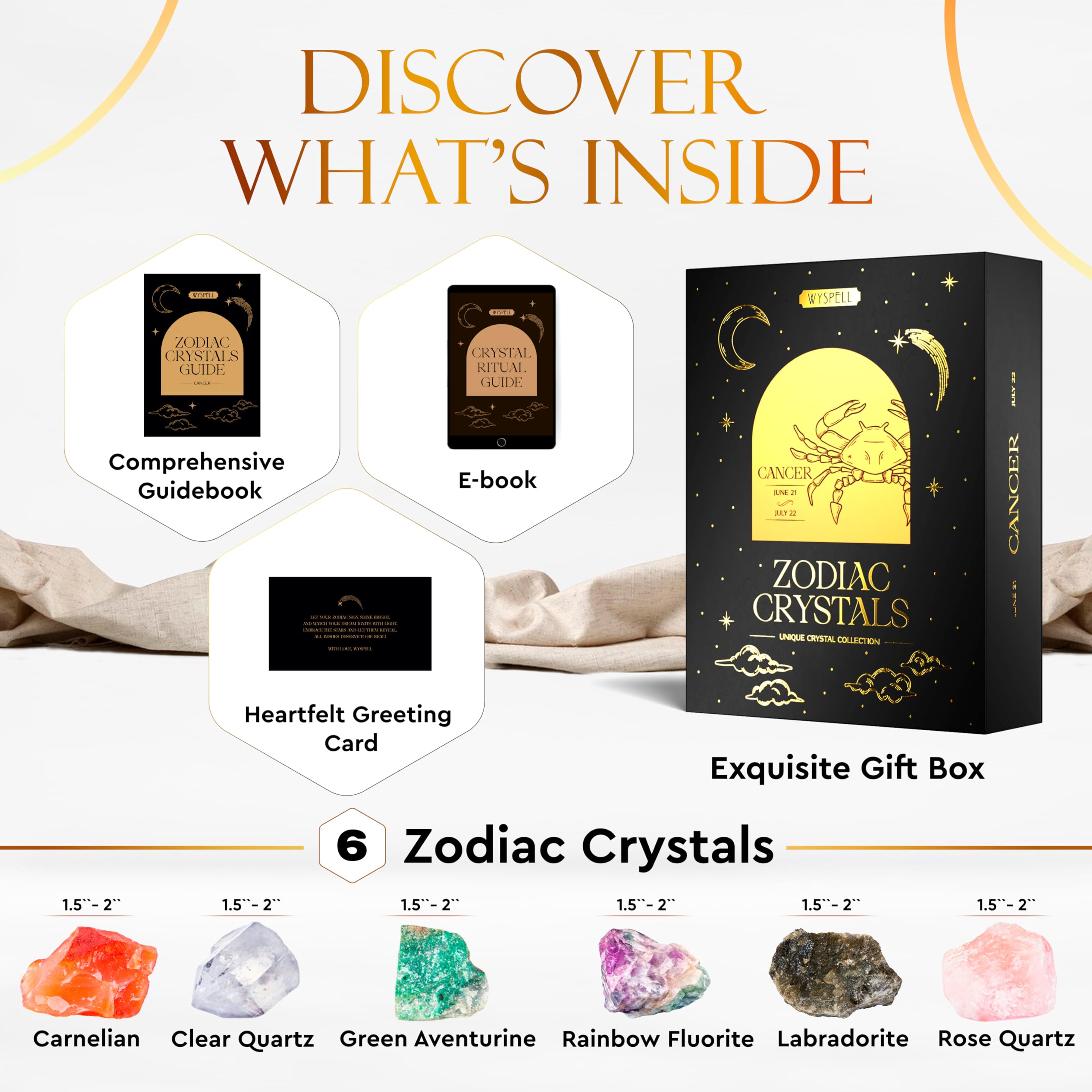 Wyspell Cancer Crystal Set - 6 Raw Cancer Crystals and Healing Stones - Cancer Zodiac Gifts for Women - AB Mystery