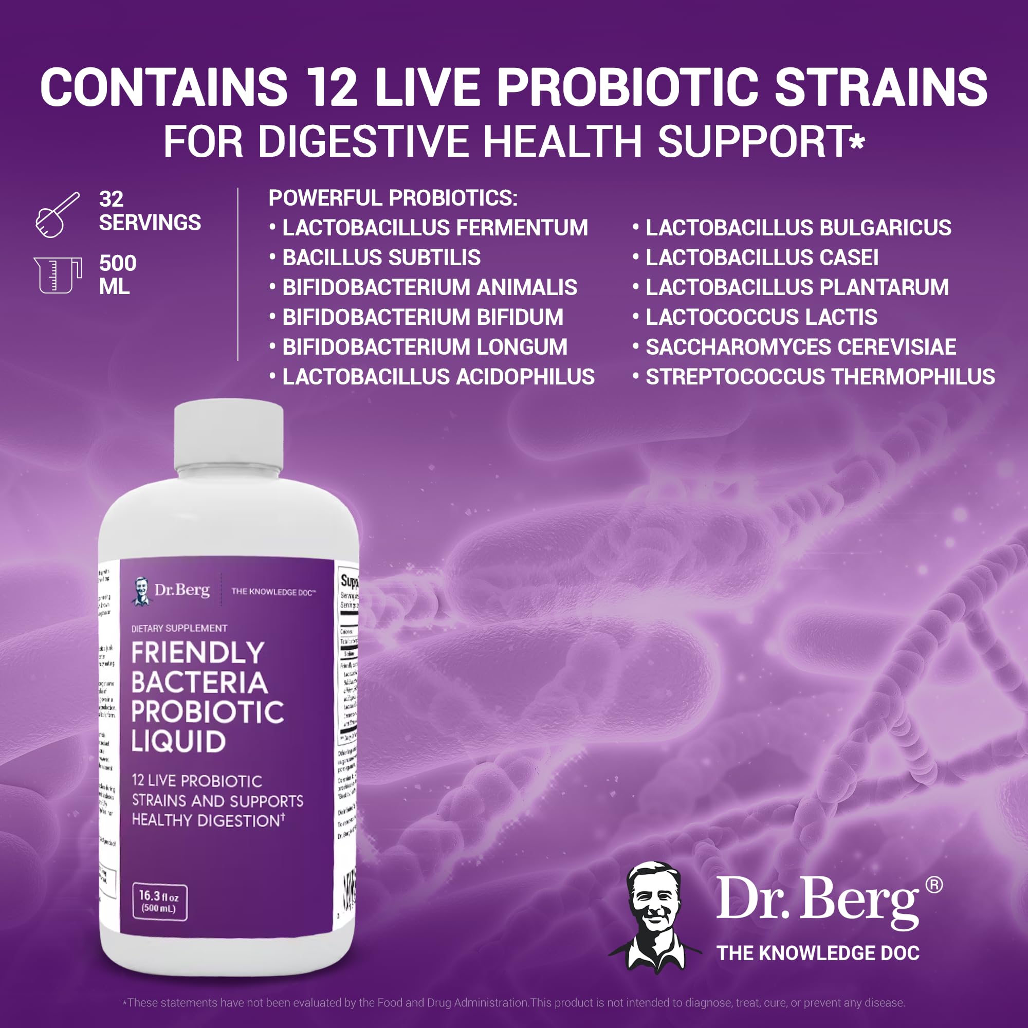 Dr. Berg's Friendly Probiotic Liquid Supplement Drink Mix w/ 12 Live Probiotics Strains - AB Mystery
