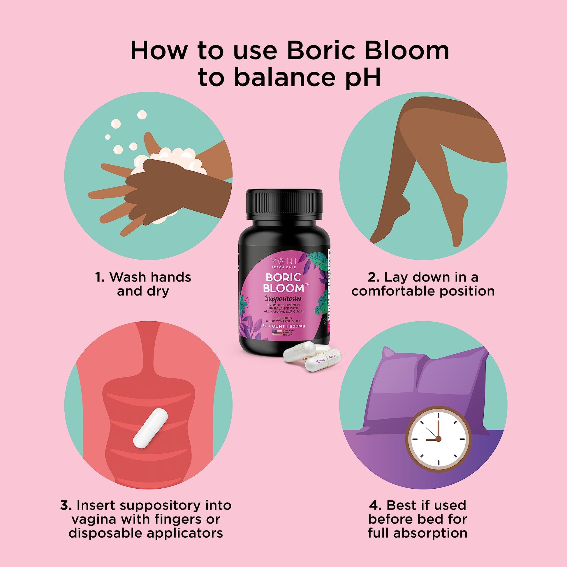 Boric Acid Suppositories - Vaginial Suppository Bacterial Vaginosis, pH Balance for Women Pills - AB Mystery