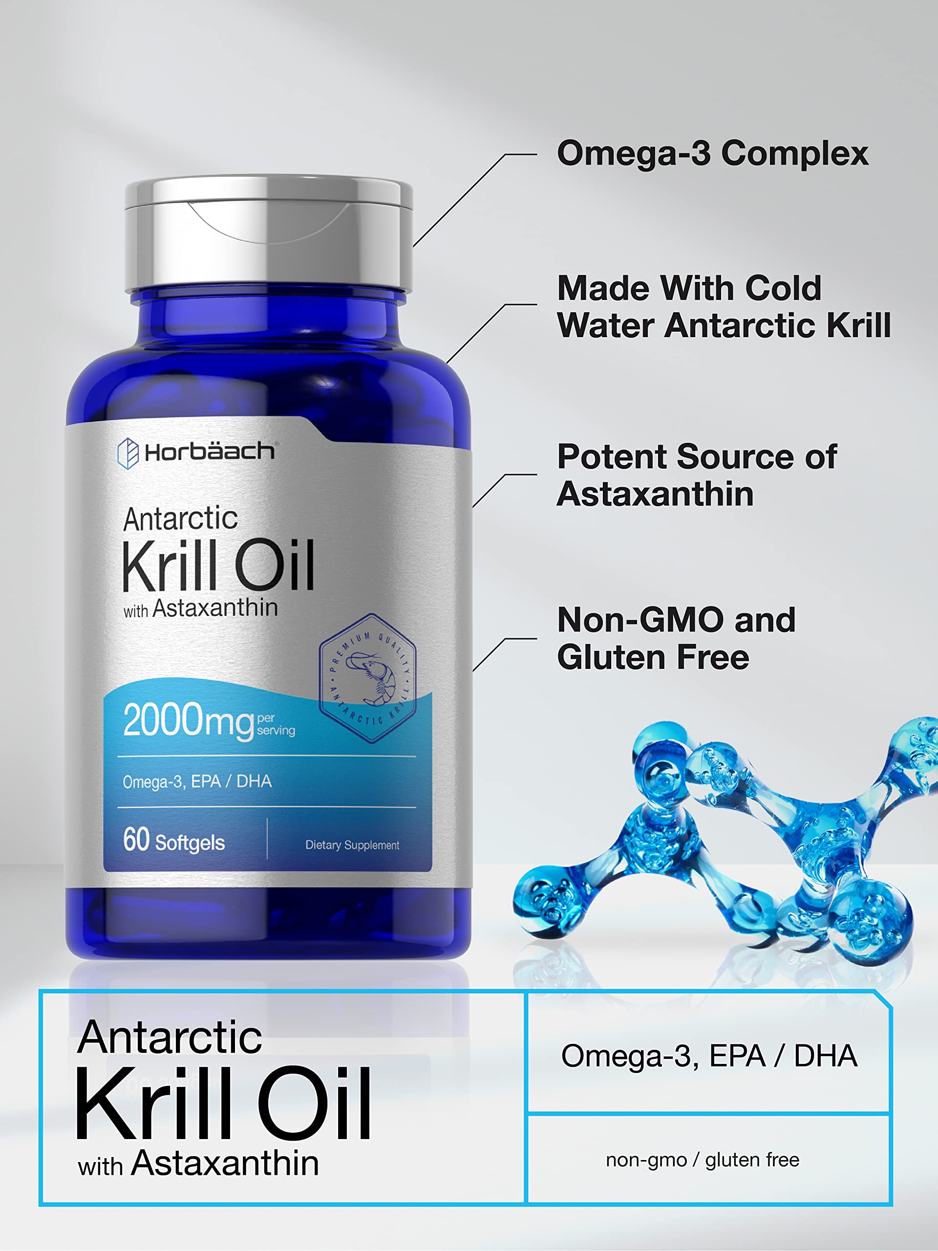 Horbäach Antarctic Krill Oil 2000mg | 60 Softgel Capsules | Omega-3, EPA, DHA Supplemen - AB Mystery