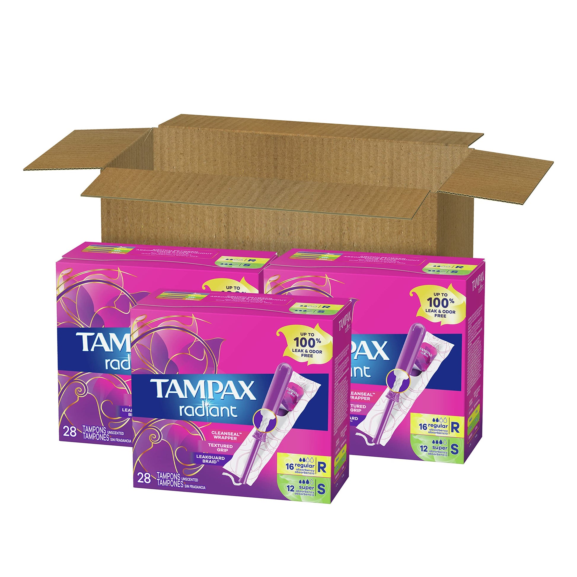 Tampax Radiant Tampons Multipack, Regular/Super Absorbency, with Leakguard Braid, Unscented, 84 Count - AB Mystery