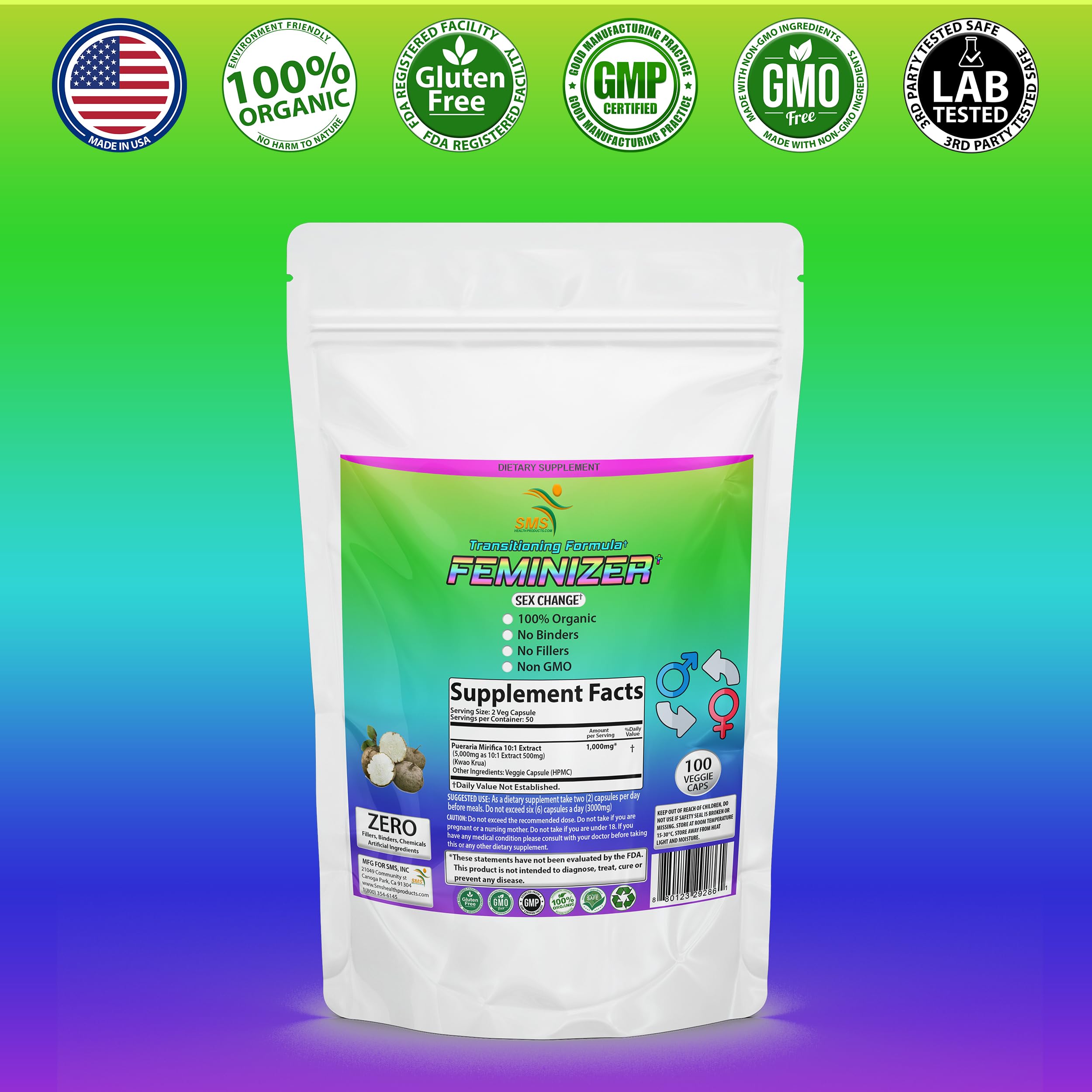 Feminizer Sex Change Pills by SMS, 100 Veggie Caps Pueraria Mirifica 1,000mg Pure - AB Mystery