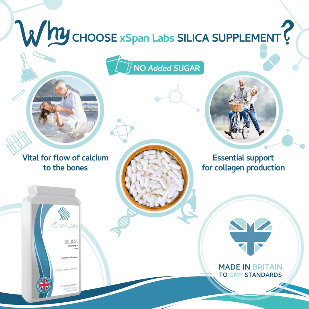 Silica 225mg – 90 Capsules - A Potent Highly Bioavailable Form - Naturally Sourced from Bamboo Extract - One-A-Day Vegan Capsules to Support Healthy Hair, Nails and Skin - Made in The UK Xspan Labs